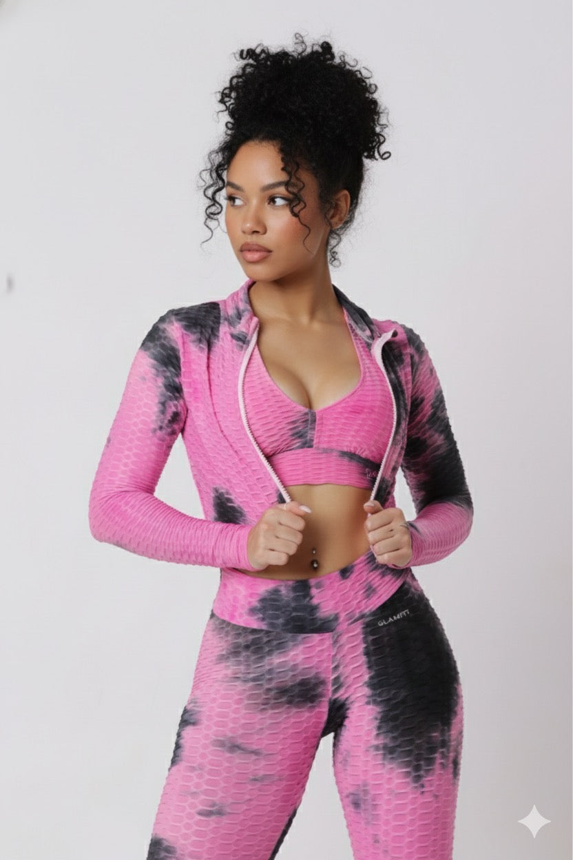 Women Soft Compression Seamless Tie Dye High Waist Leggings Bra and Jacket Set Pink & Black