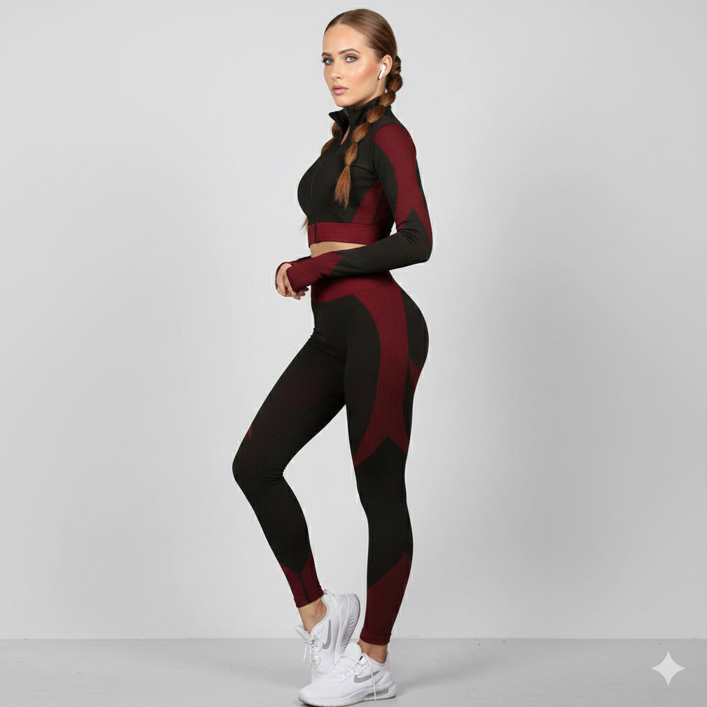 Seamless Women 3pcs Yoga Sets Fitness Sport Suit Long Sleeve Zipper with Sport Bra & Leggings Pants Black & Red