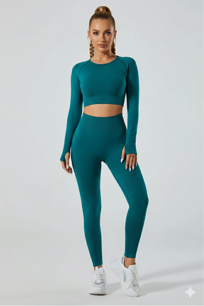 New High Waisted 5 Pieces Workout Yoga, Running Wear Long sleeves, Leggings, Shorts, Sport Bra and Short sleeves Crop Top