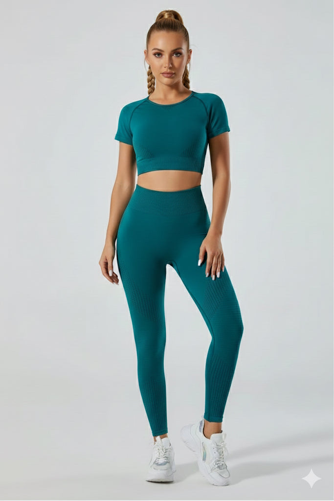 New High Waisted 5 Pieces Workout Yoga, Running Wear Long sleeves, Leggings, Shorts, Sport Bra and Short sleeves Crop Top