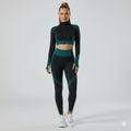 Seamless Women 3pcs Yoga Sets Fitness Sport Suit Long Sleeve Zipper with Sport Bra & Leggings Pants Black & Turquoise Green