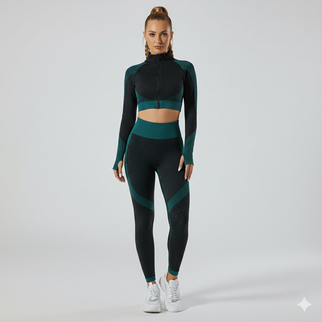 Seamless Women 3pcs Yoga Sets Fitness Sport Suit Long Sleeve Zipper with Sport Bra & Leggings Pants Black & Turquoise Green