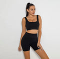Seamless Ribbed Spaghetti Sport Bra With Shorts BLACK