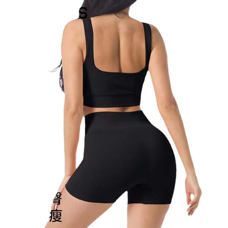 Seamless Ribbed Spaghetti Sport Bra With Shorts BLACK