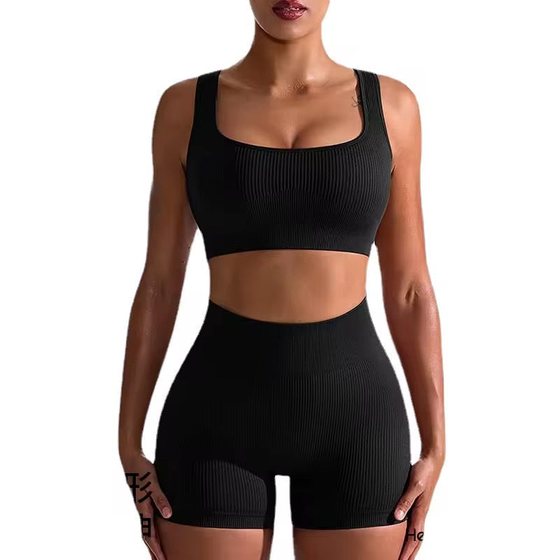 Seamless Ribbed Spaghetti Sport Bra With Shorts BLACK