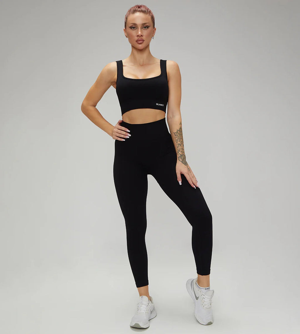 Hot Selling Ribbed Seamless High Waisted Legging and Padded sportswear 2 Pcs Set Black