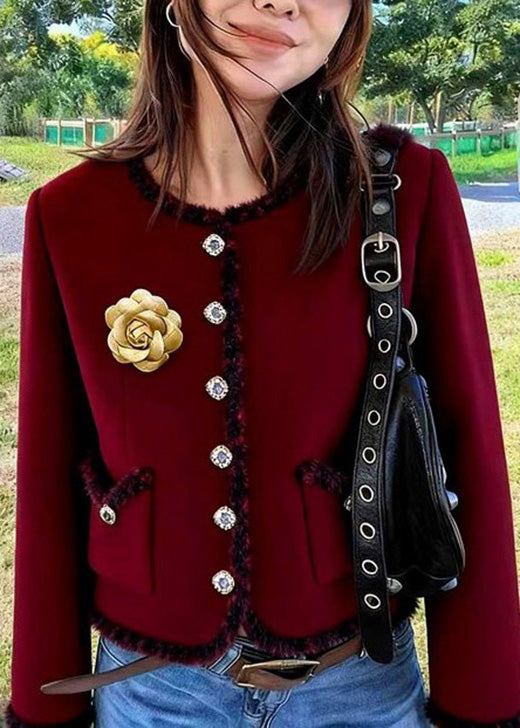 Italian Mulberry O Neck Pockets Floral Cotton Short Coat Spring