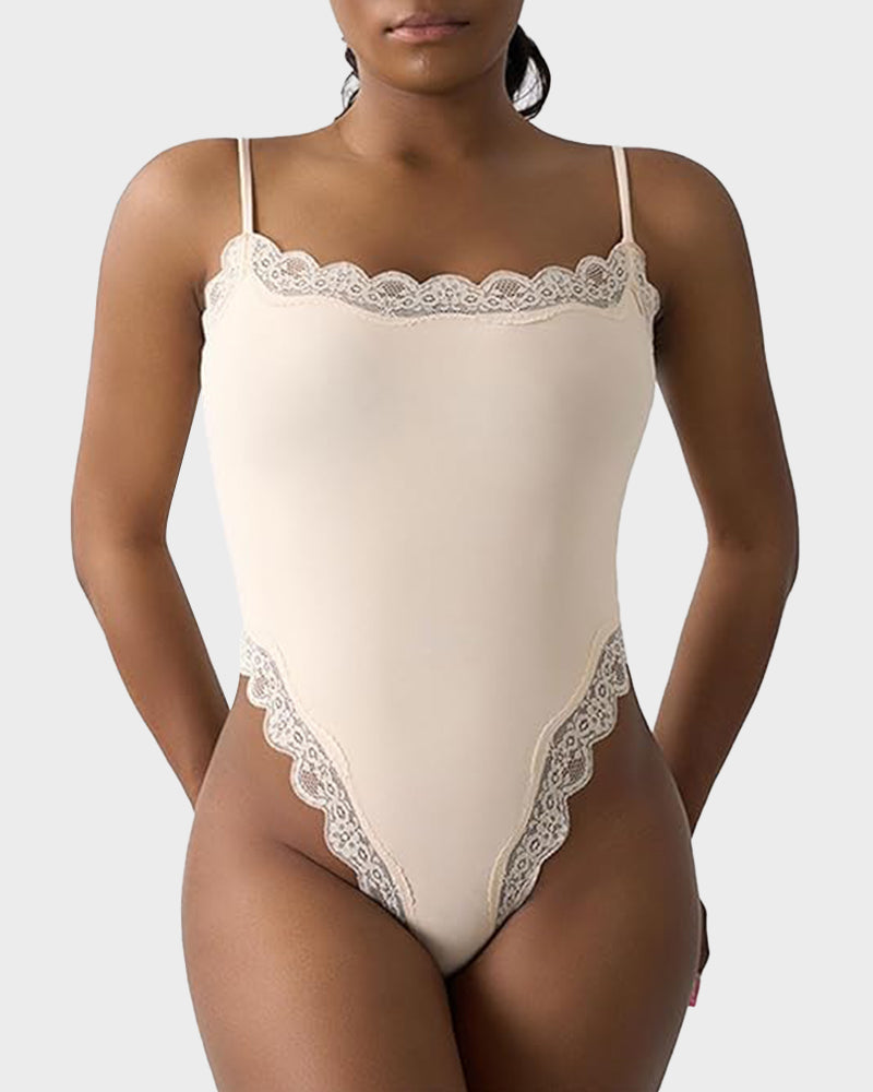 Lace Trim Sculpting Thong Bodysuit