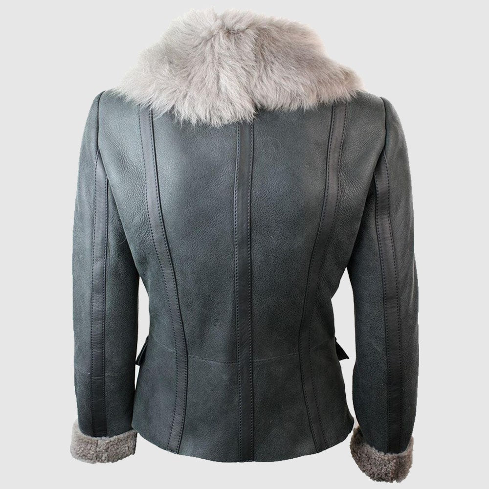 Women Short Biker style shearling sheepskin aviator flying leather jacket