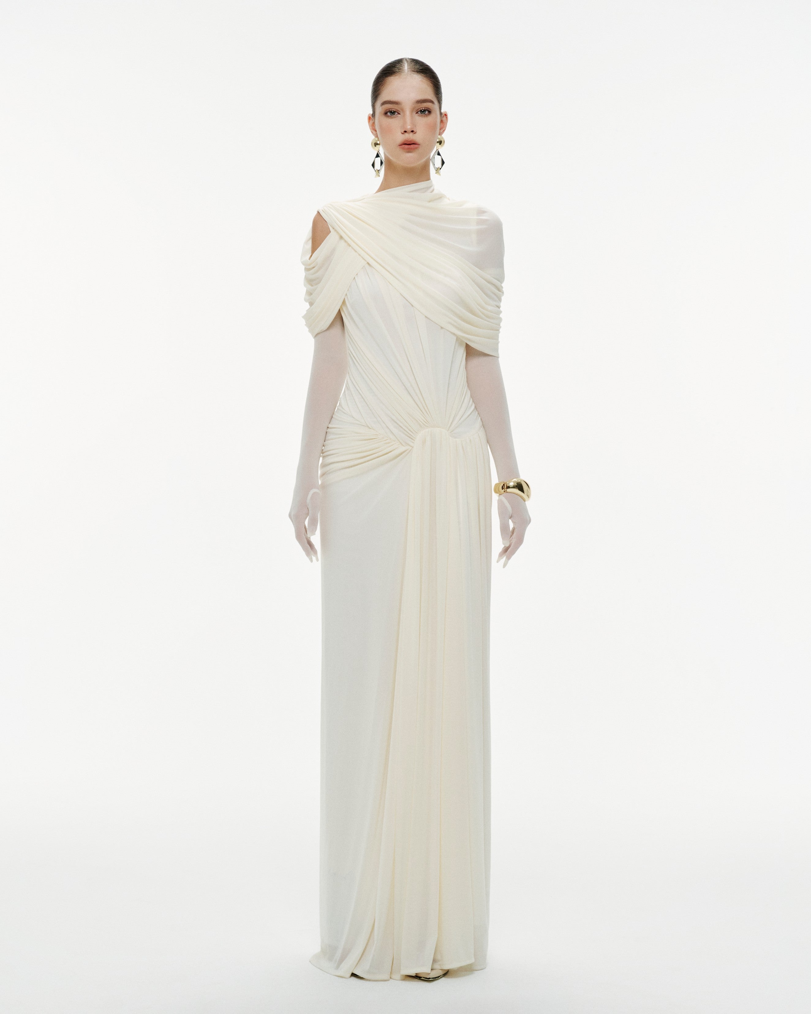 (PRE-ORDER) Draped Mesh Ruched Shoulder-Wrap Dress