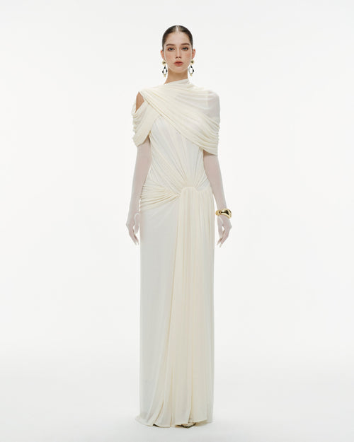 (PRE-ORDER) Draped Mesh Ruched Shoulder-Wrap Dress