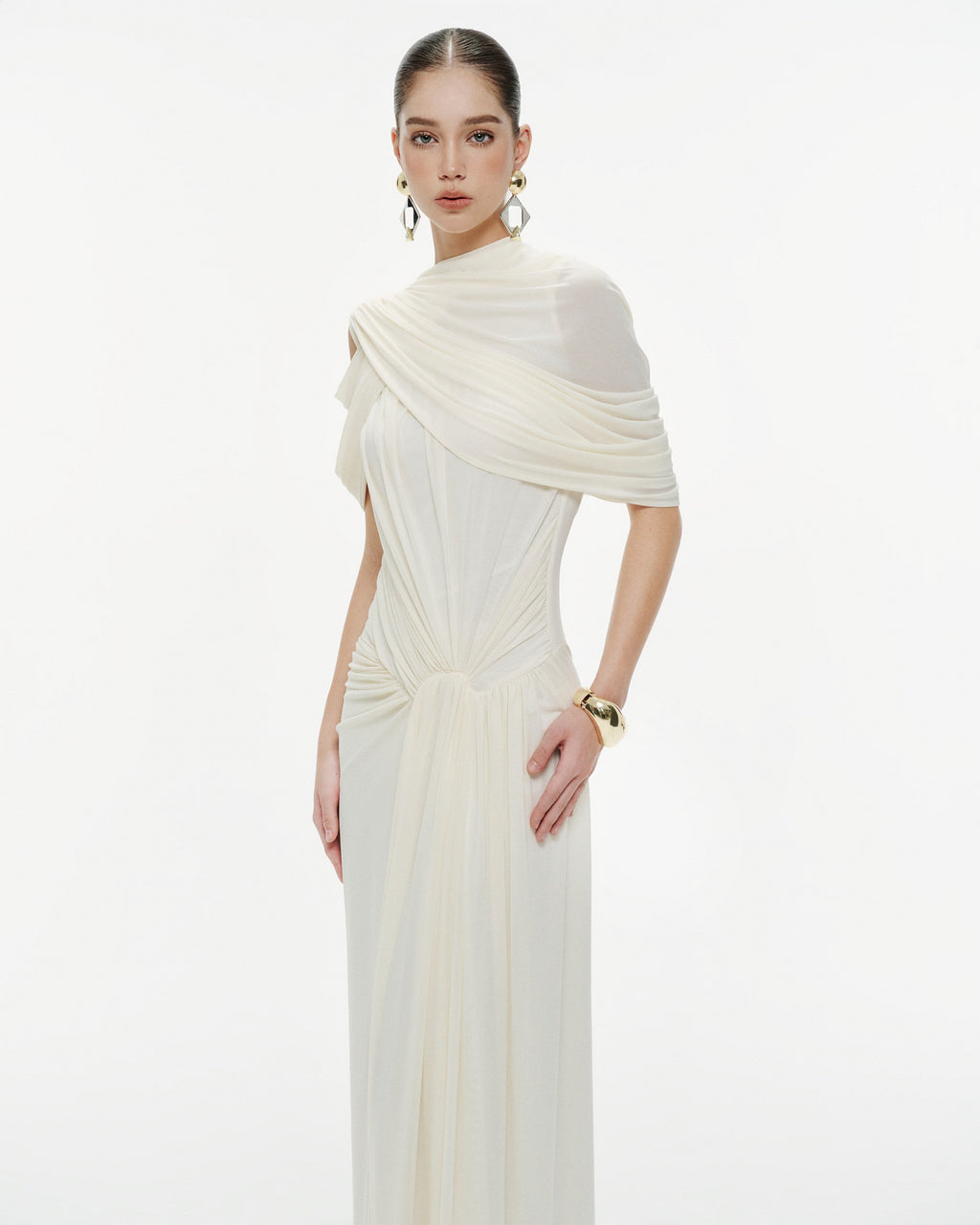 (PRE-ORDER) Draped Mesh Ruched Shoulder-Wrap Dress