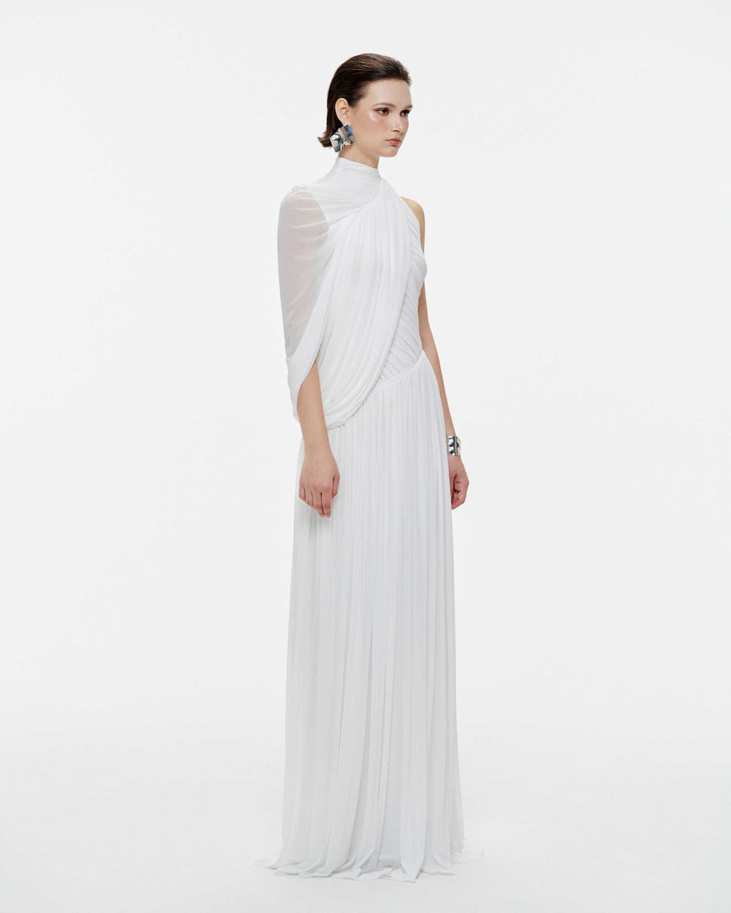 One-Shoulder Cape Ruched Flared Dress