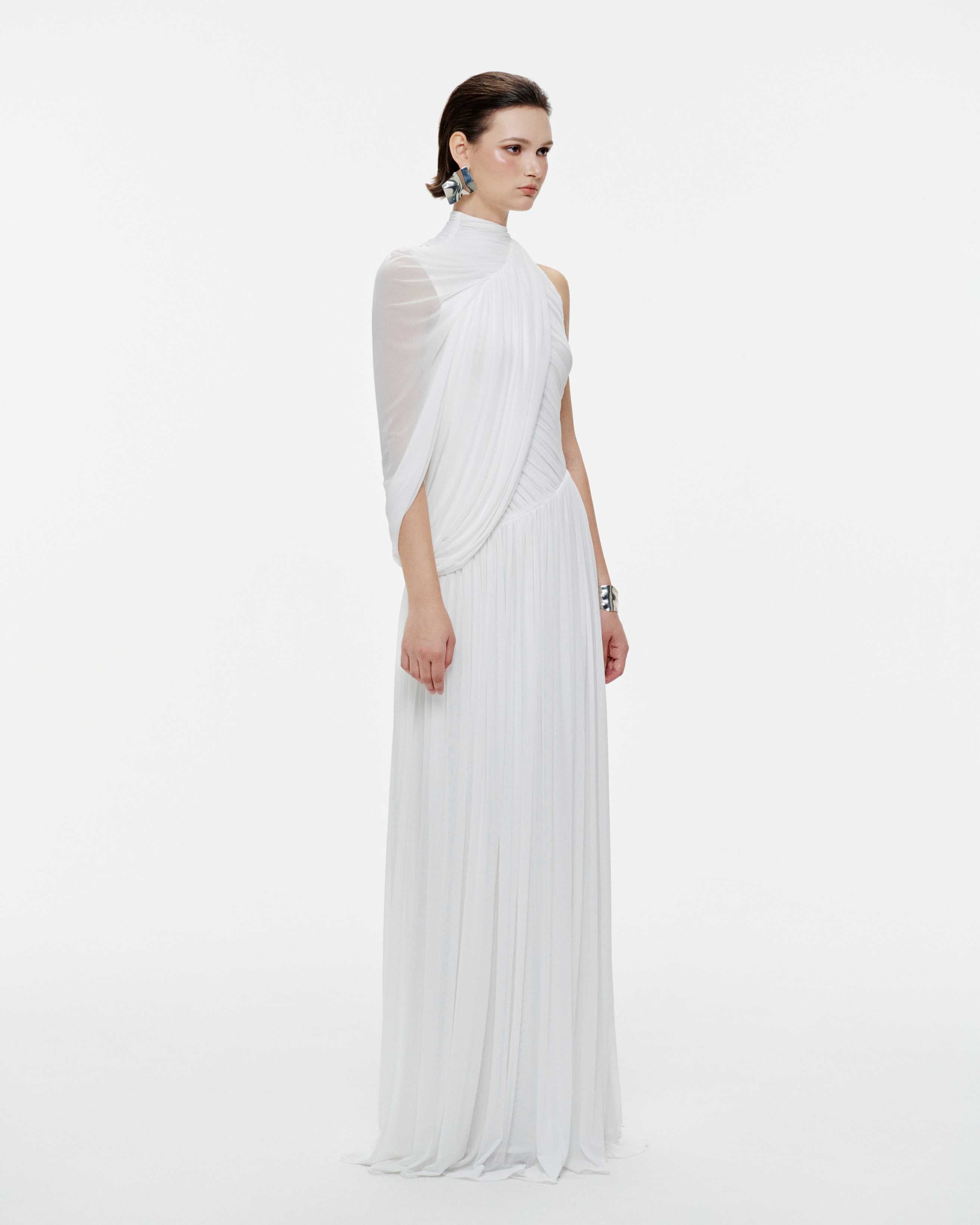 One-Shoulder Cape Ruched Flared Dress