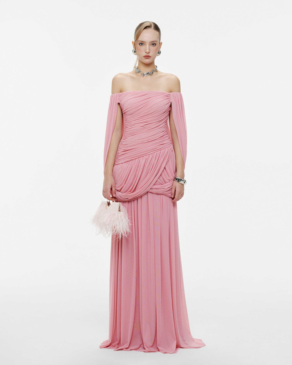 Off Shoulder Ruched Cape Dress