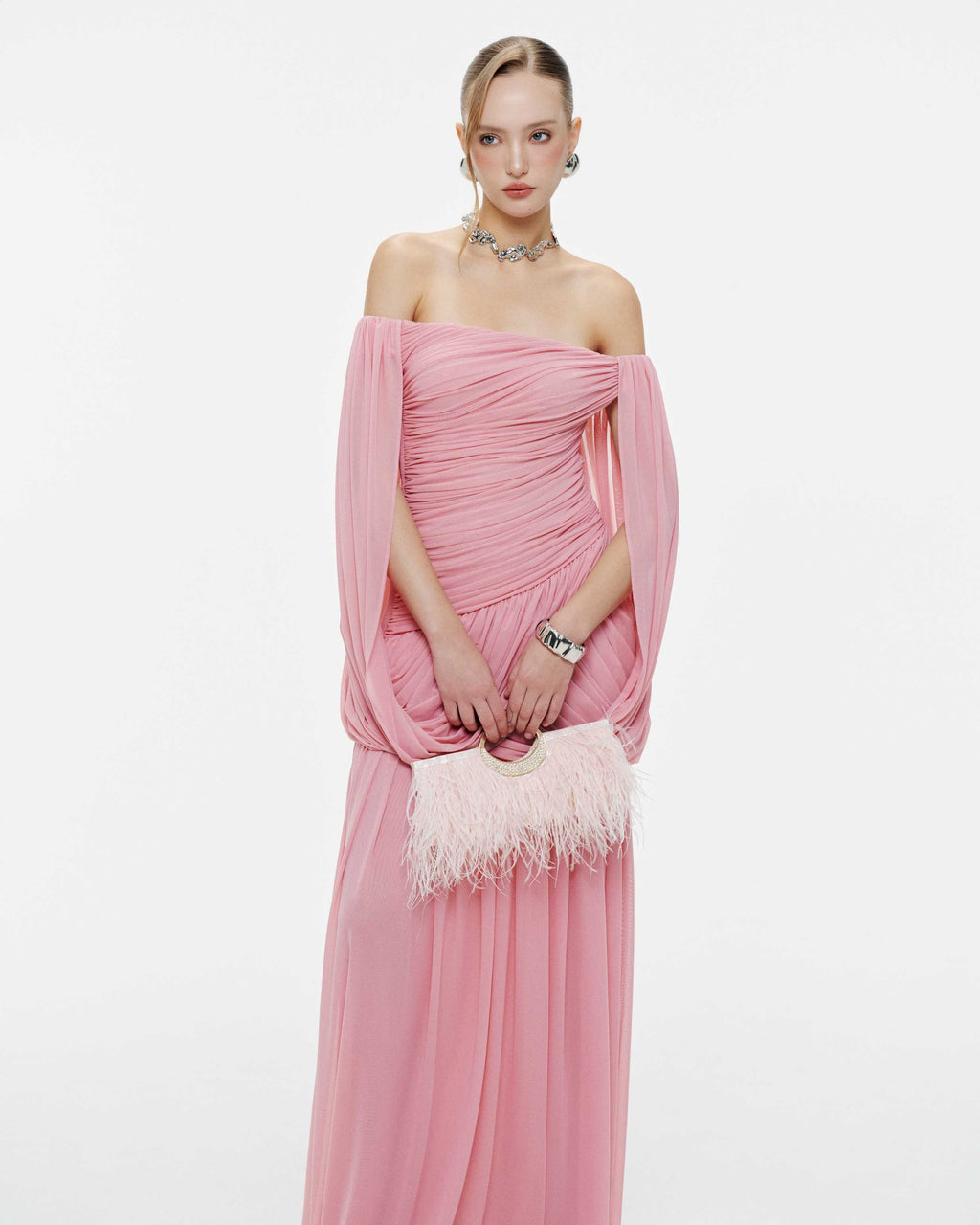 Off Shoulder Ruched Cape Dress