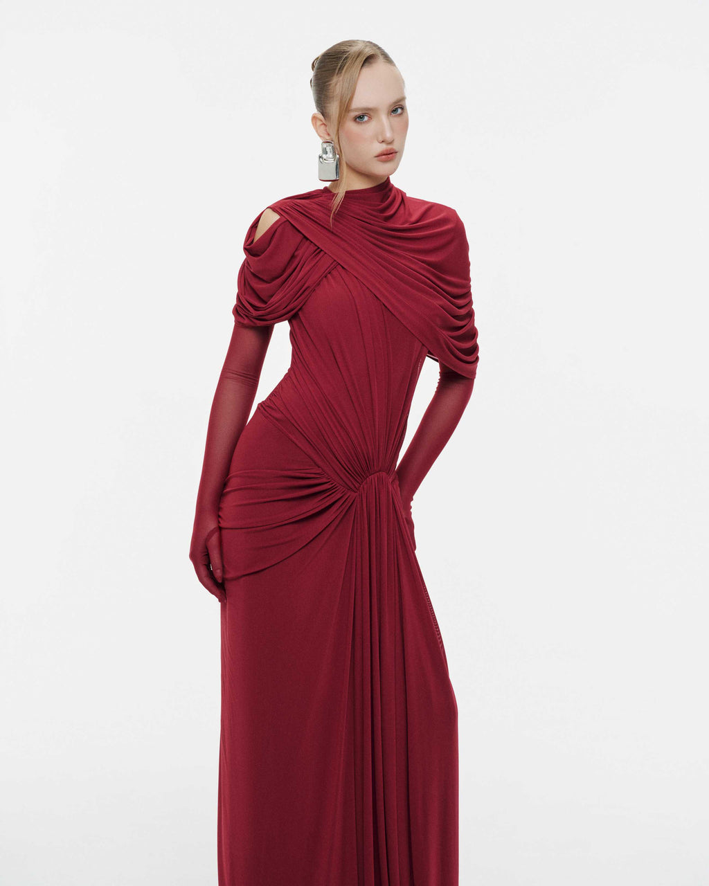 (PRE-ORDER) Draped Mesh Ruched Shoulder-Wrap Dress