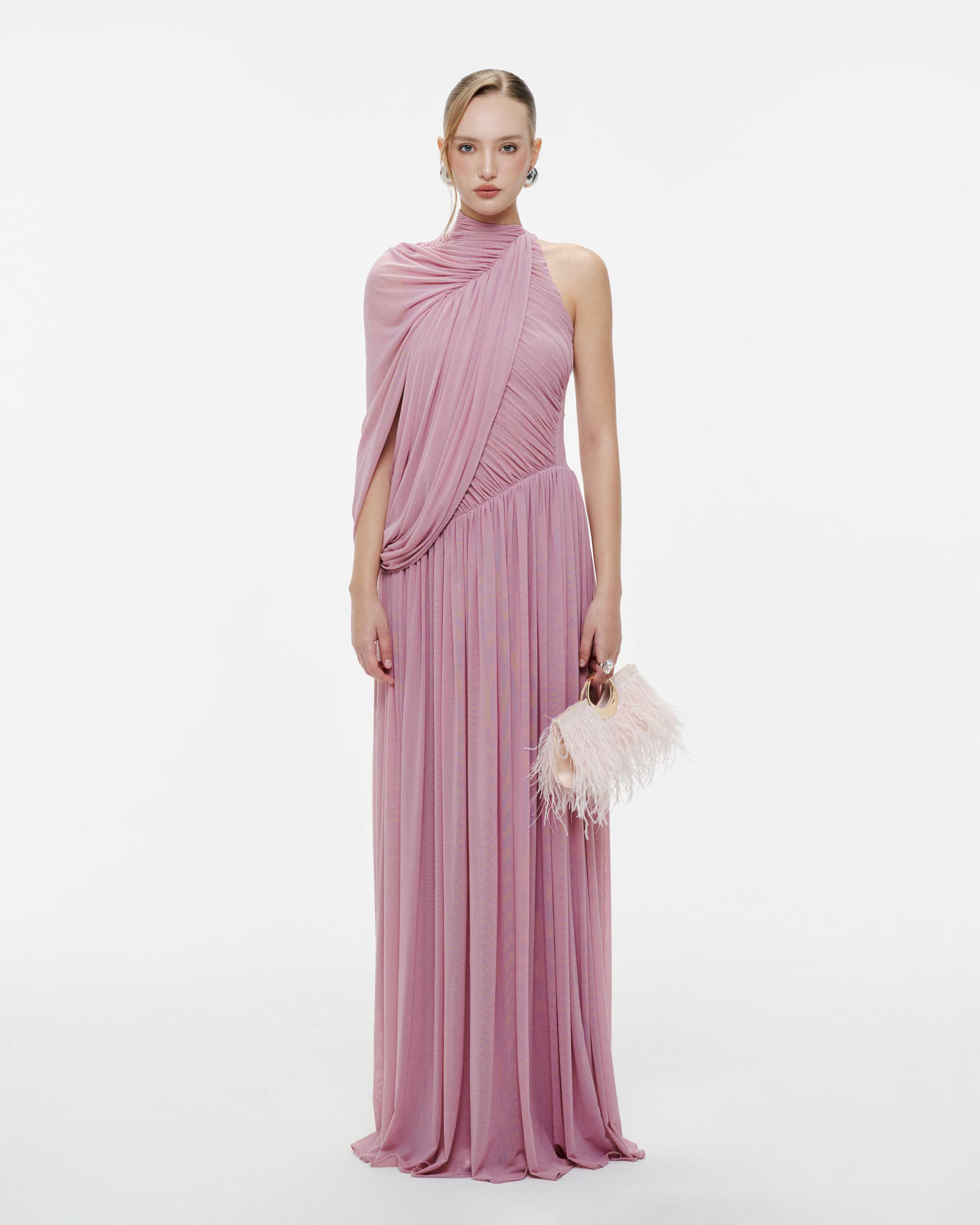 One-Shoulder Cape Ruched Flared Dress