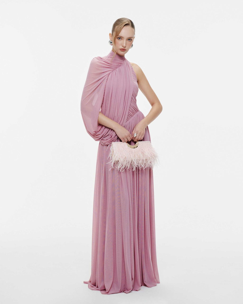 One-Shoulder Cape Ruched Flared Dress