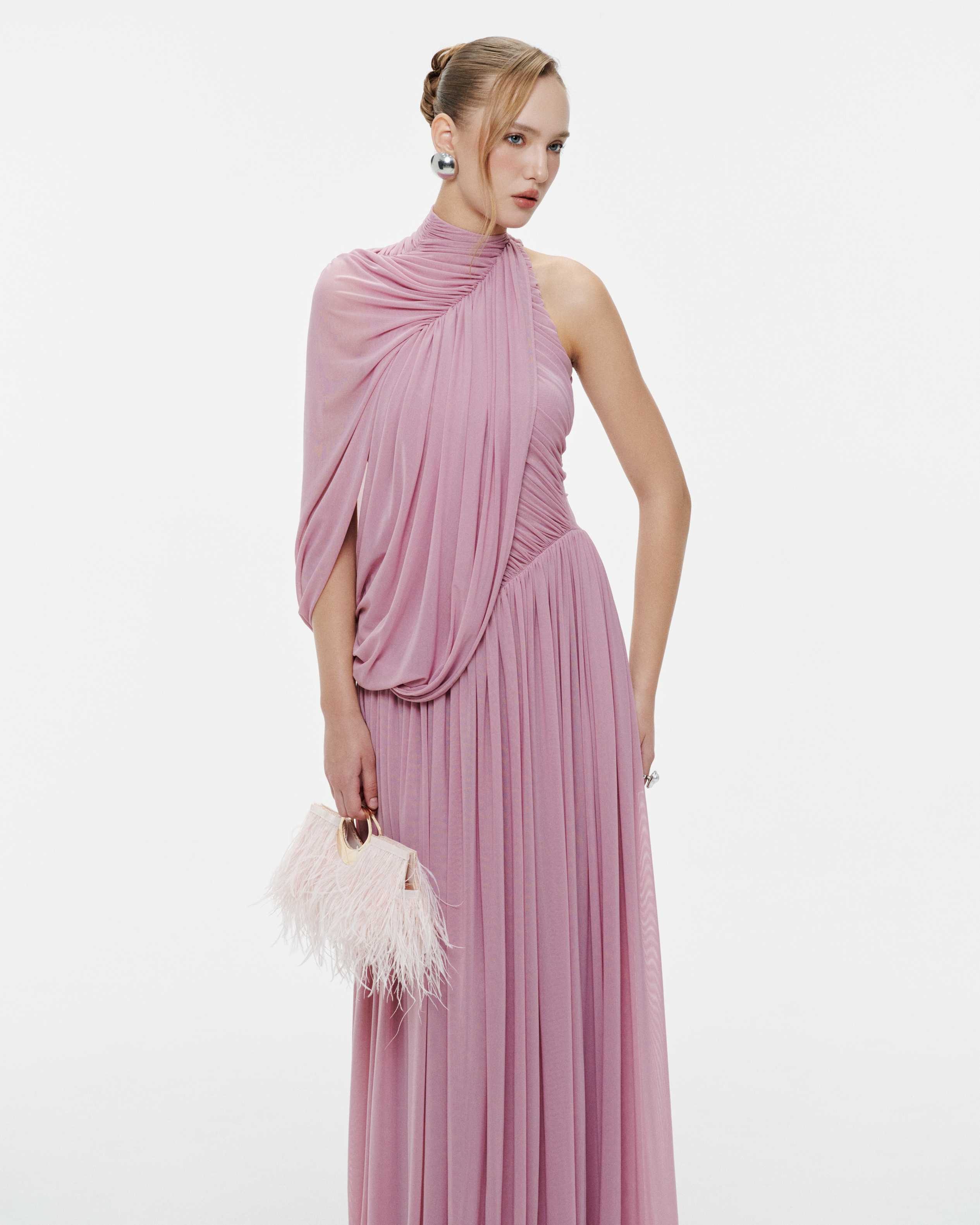 One-Shoulder Cape Ruched Flared Dress