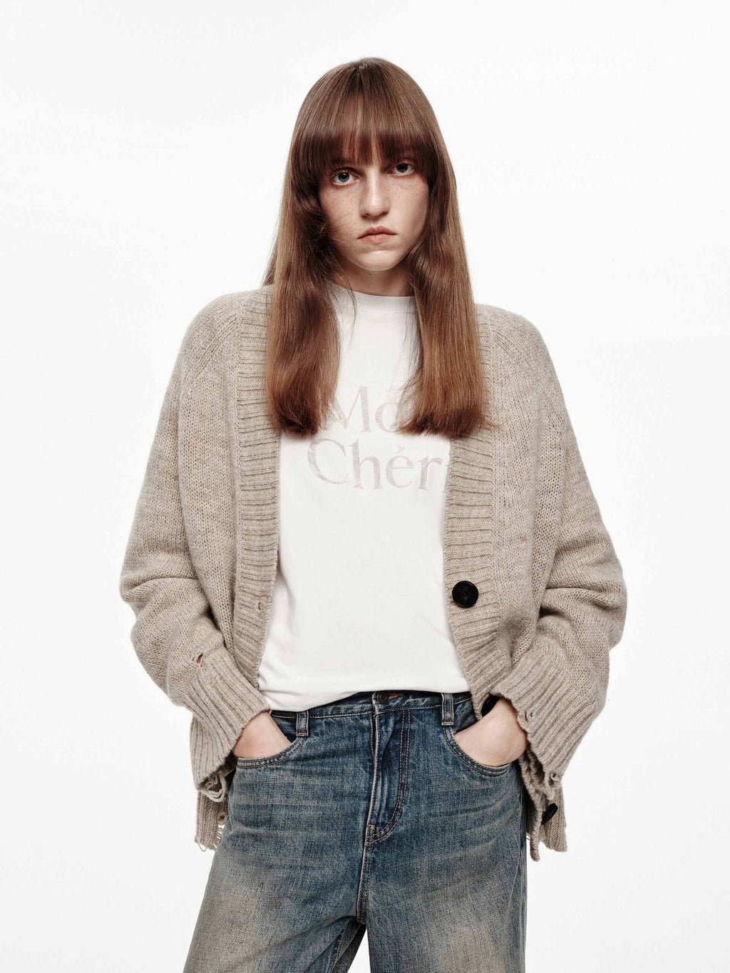 Ripped Detail Wool Cardigan