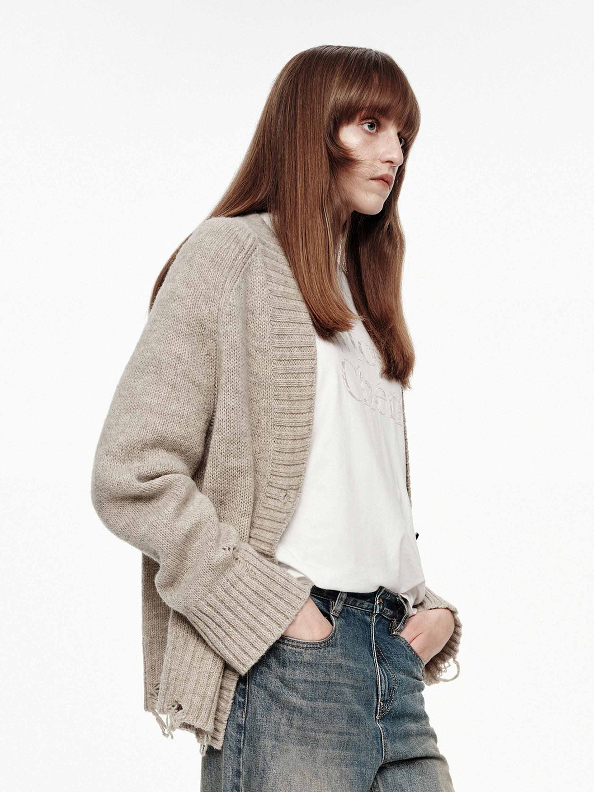 Ripped Detail Wool Cardigan