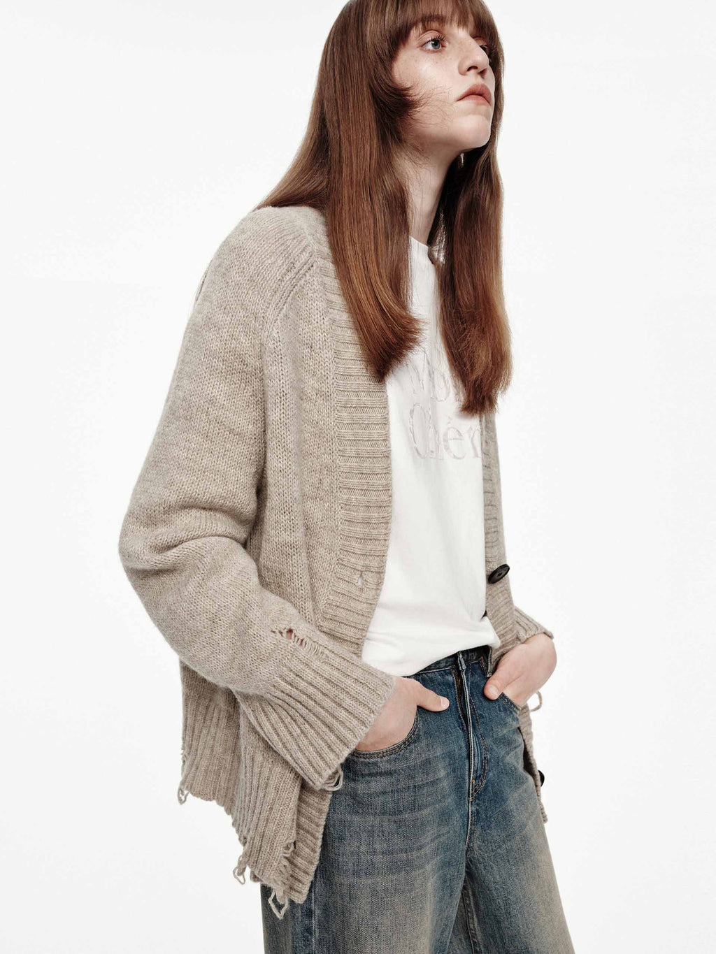 Ripped Detail Wool Cardigan