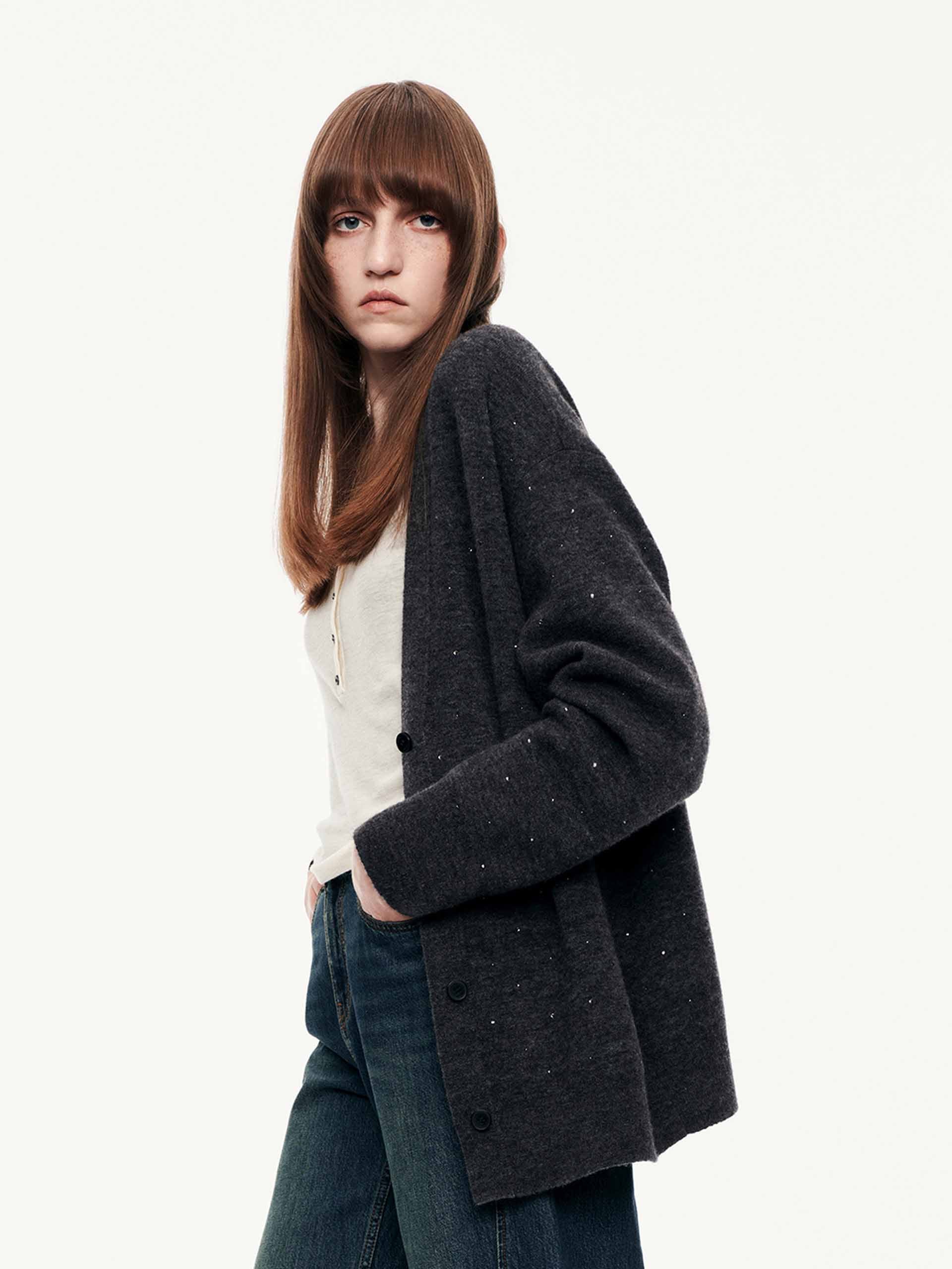 Rhinestone Wool Blend Cardigan