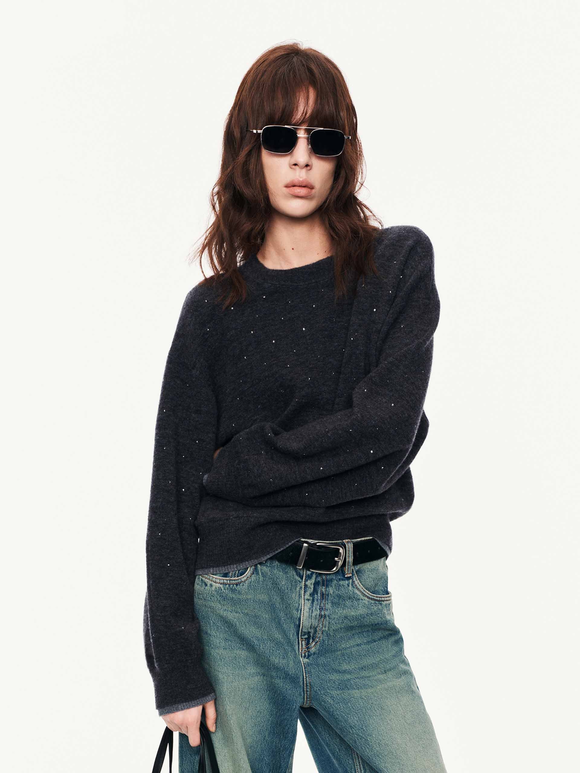 Rhinestone Wool Blend Sweater