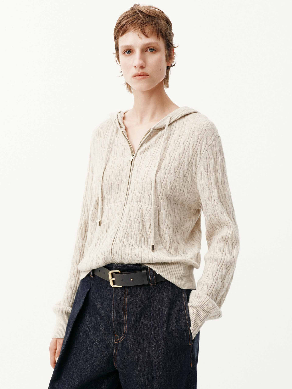 Drawstring Hooded Zipper Cardigan