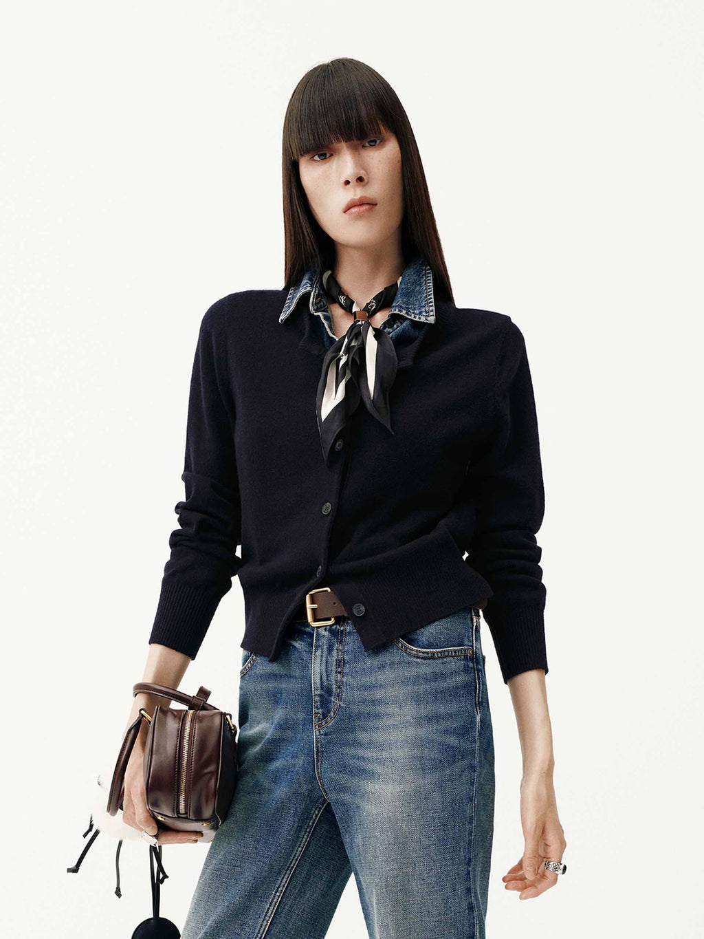 Paneled Denim Wool Cardigan