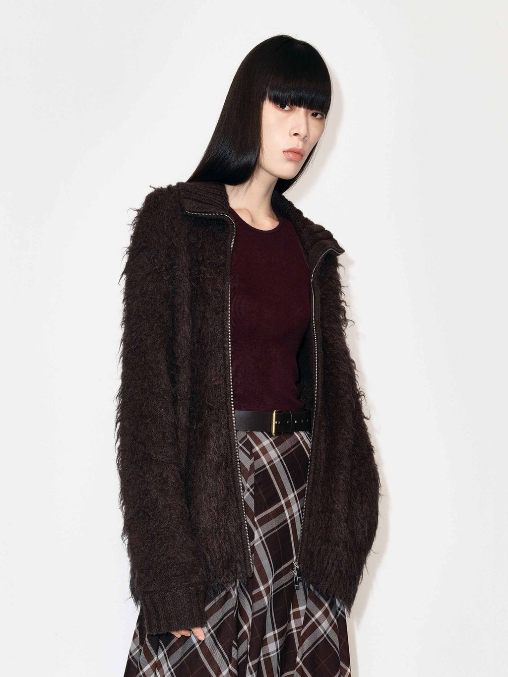 Knitted Furry Zipper Cardigan