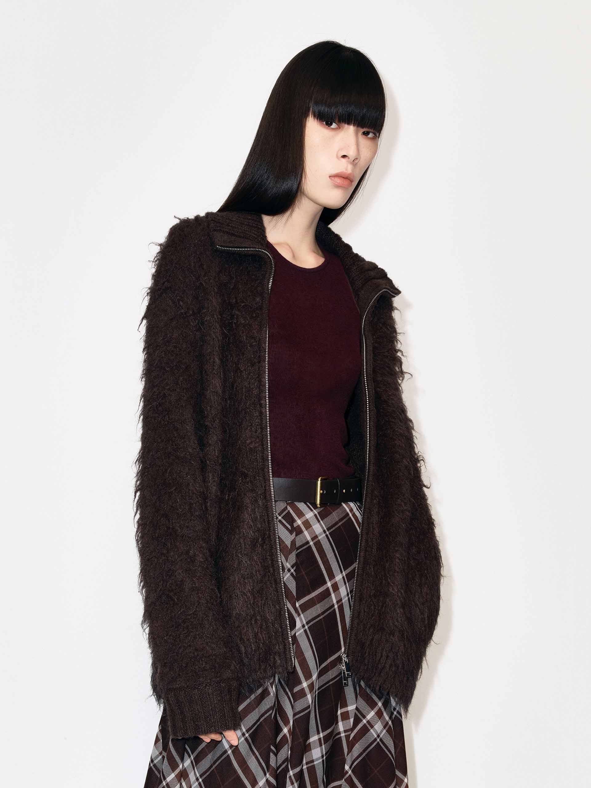Knitted Furry Zipper Cardigan