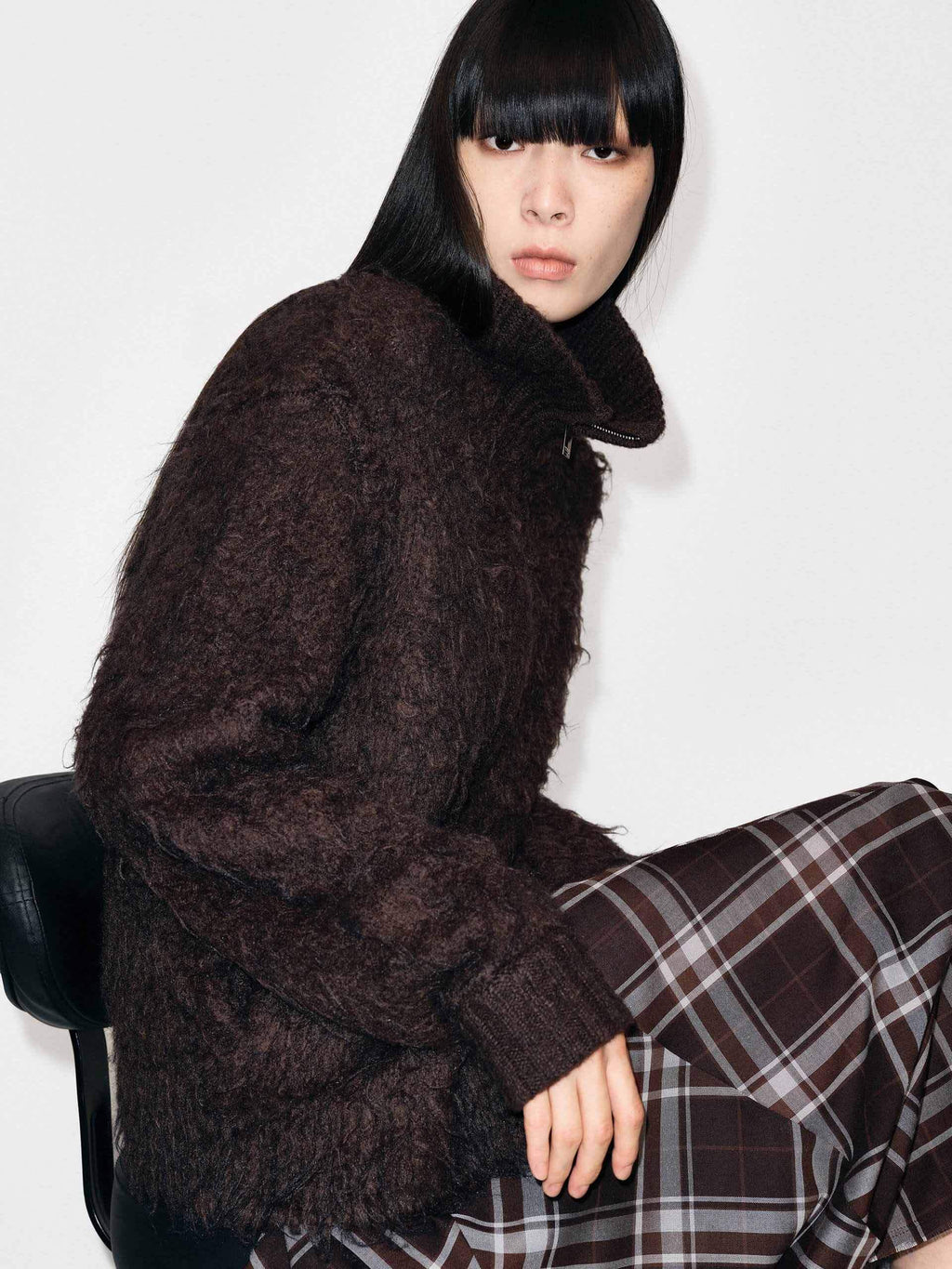 Knitted Furry Zipper Cardigan