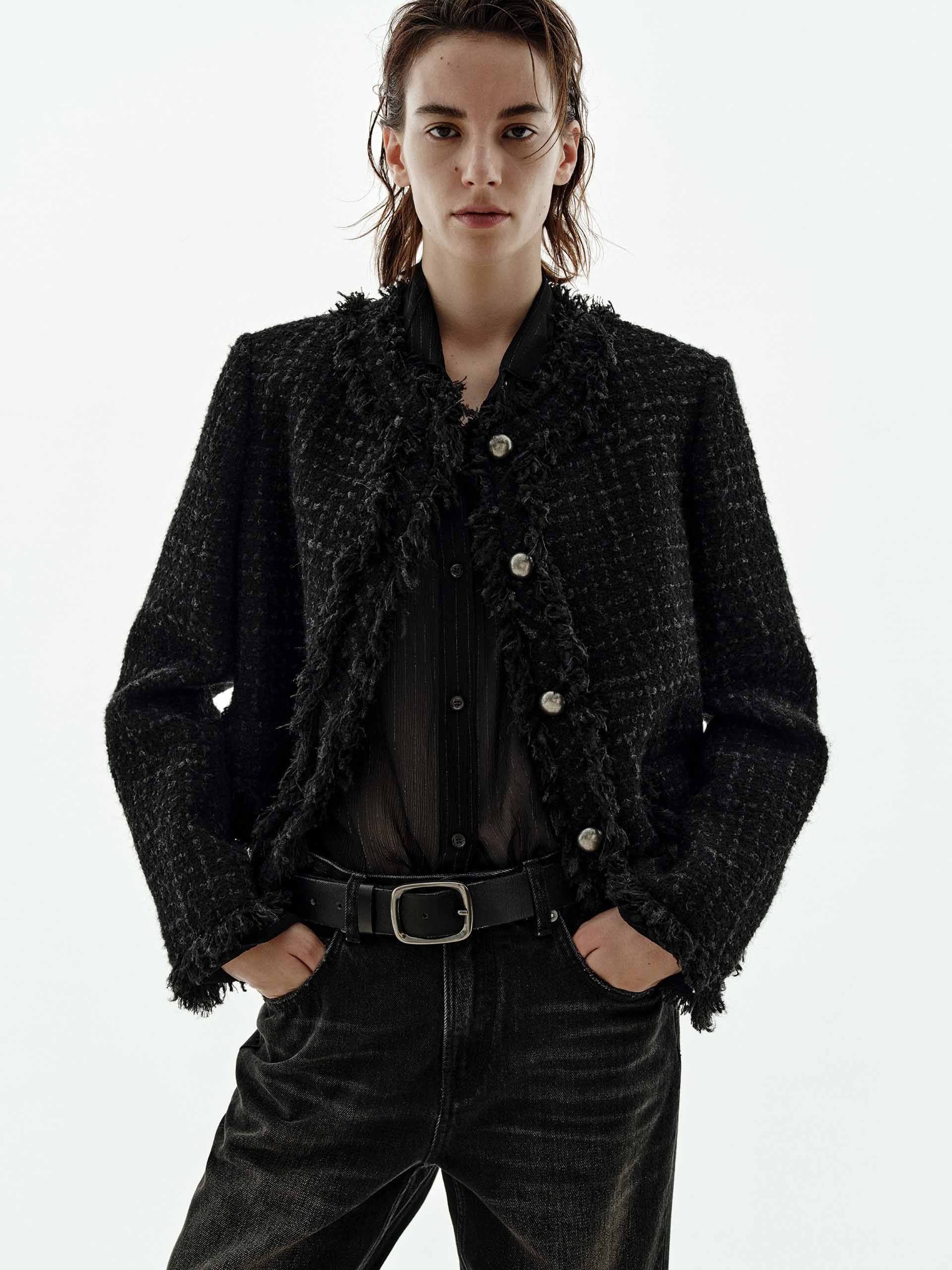 Raw Trim Cropped Tweed Coat
