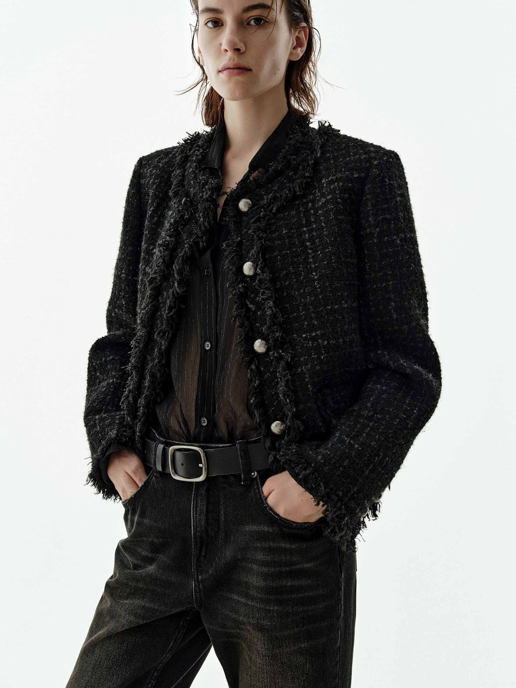 Raw Trim Cropped Tweed Coat