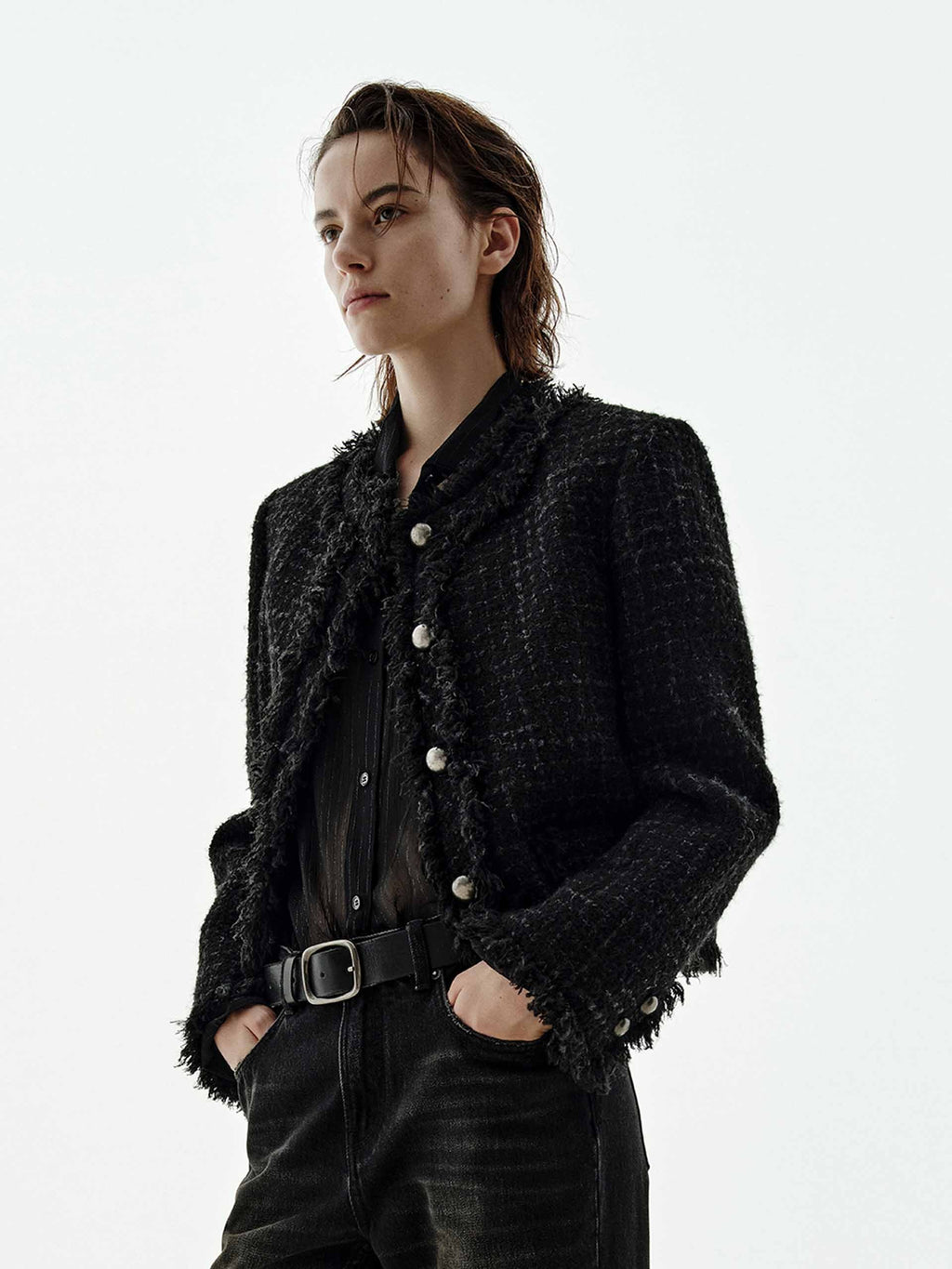 Raw Trim Cropped Tweed Coat