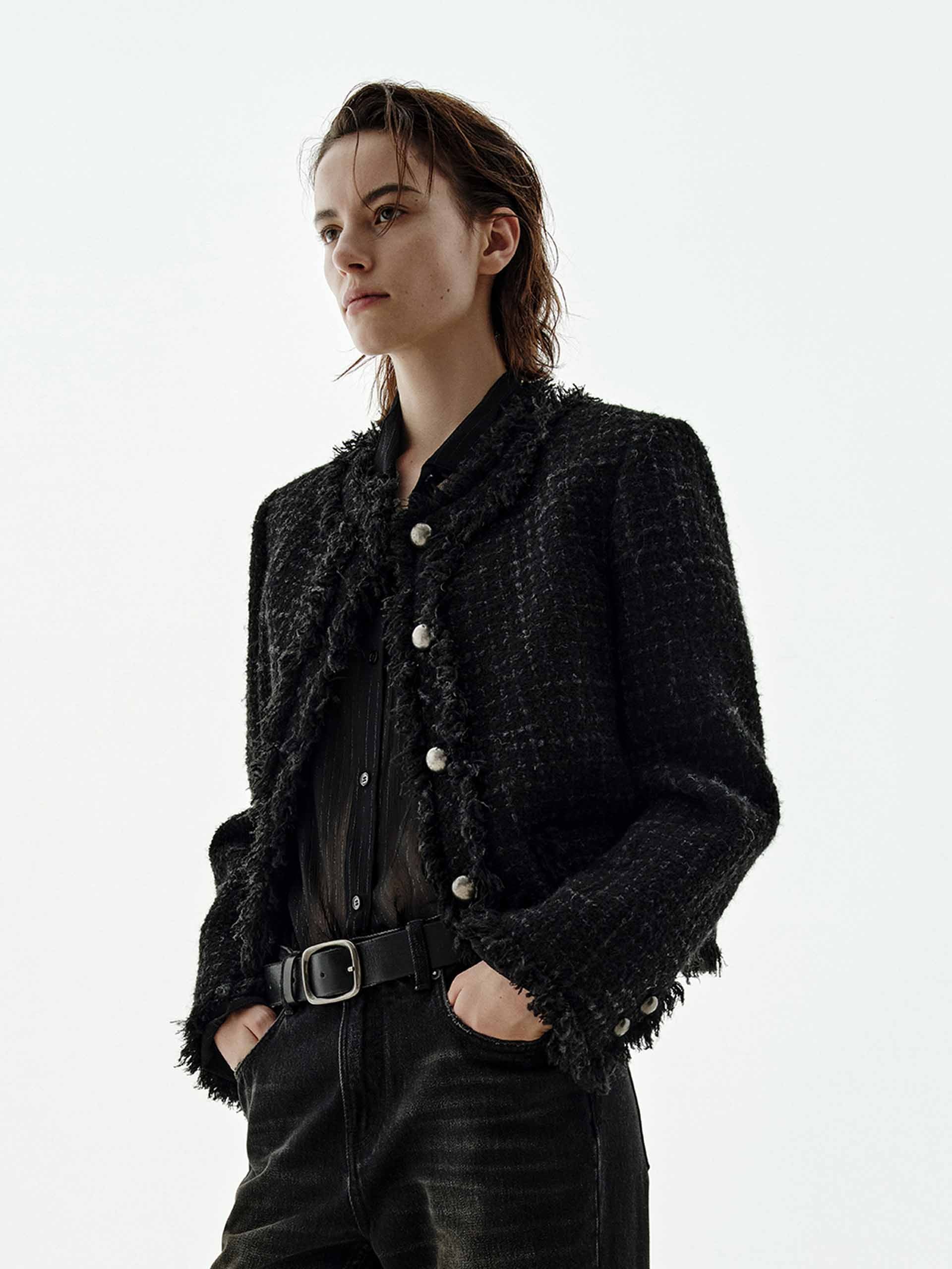 Raw Trim Cropped Tweed Coat
