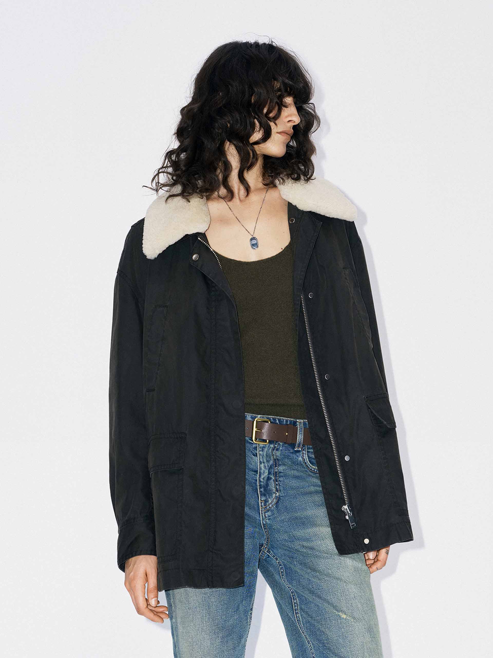 Cotton Blend Fur Collar Coat