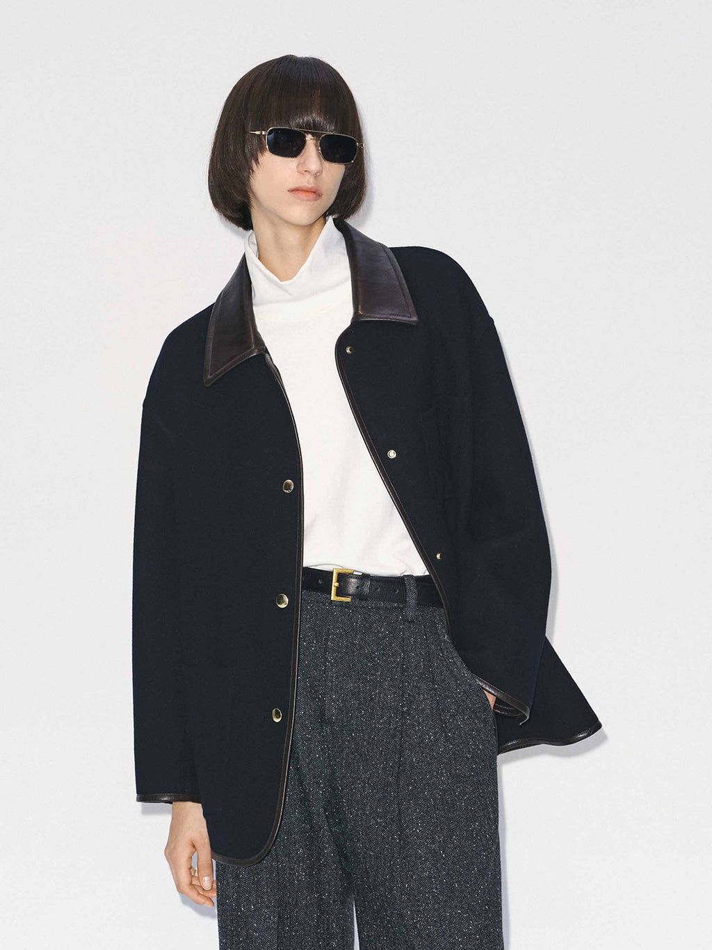 Leather Collar Wool Coat