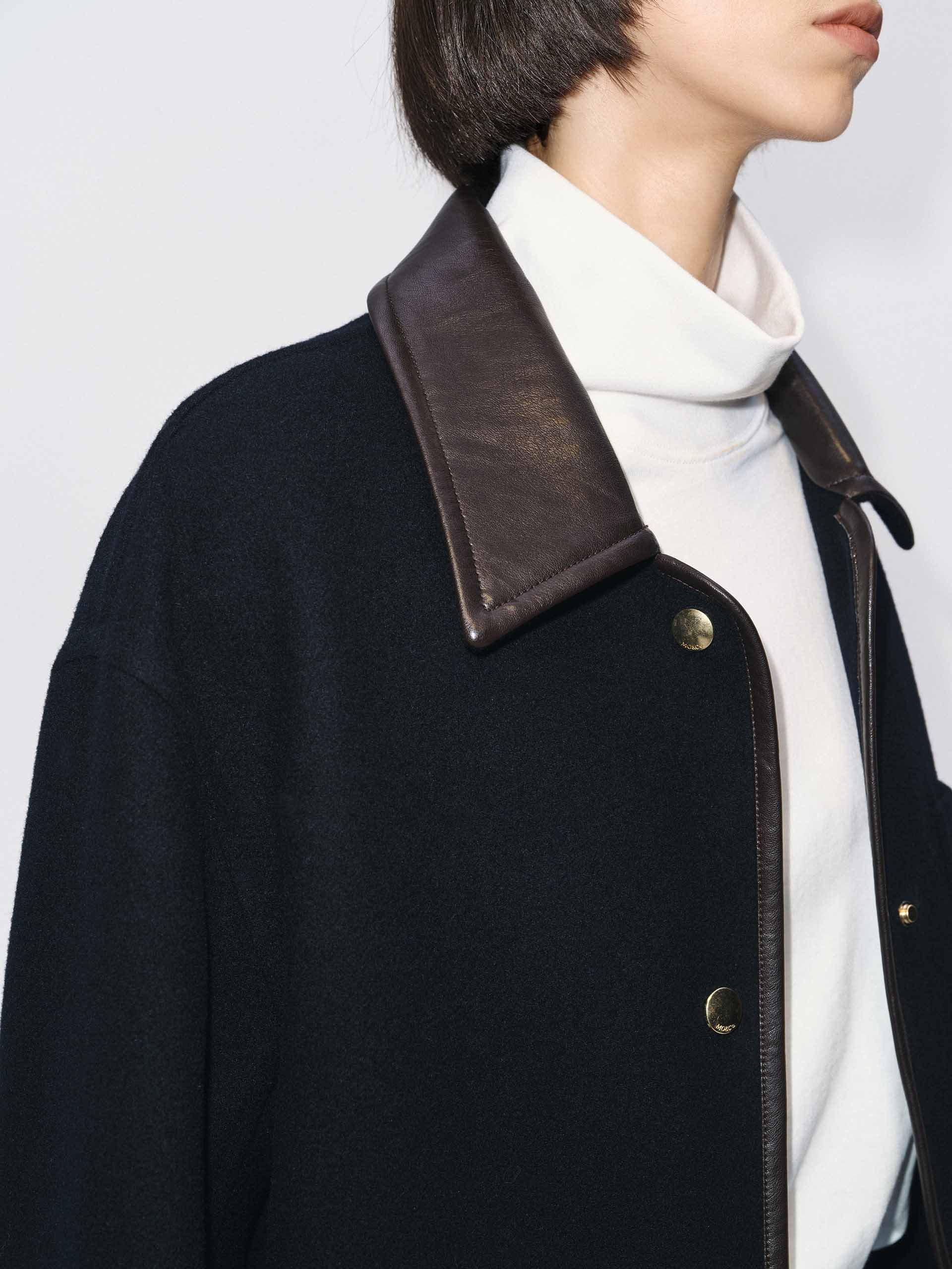 Leather Collar Wool Coat