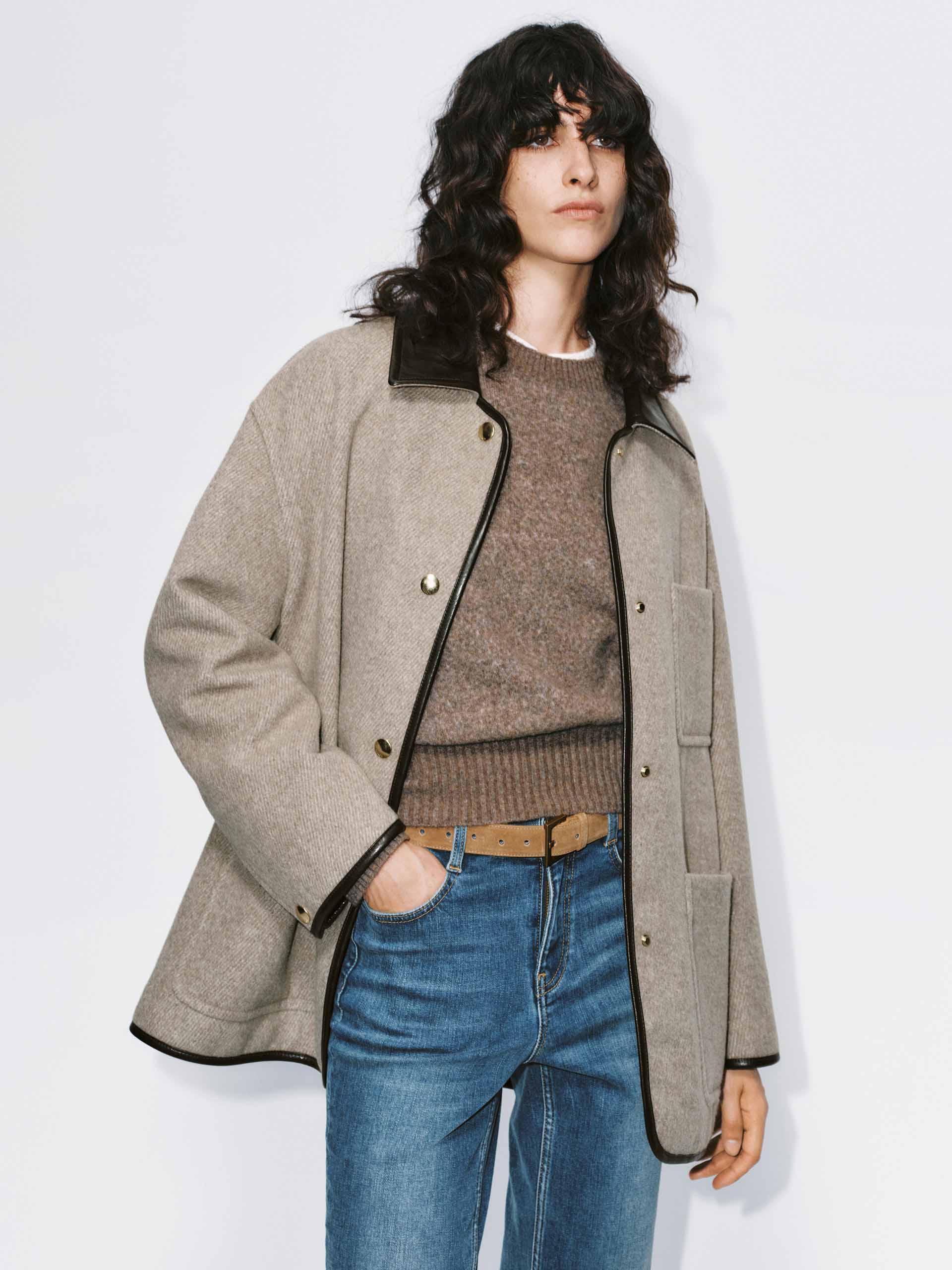Leather Collar Relaxed Coat