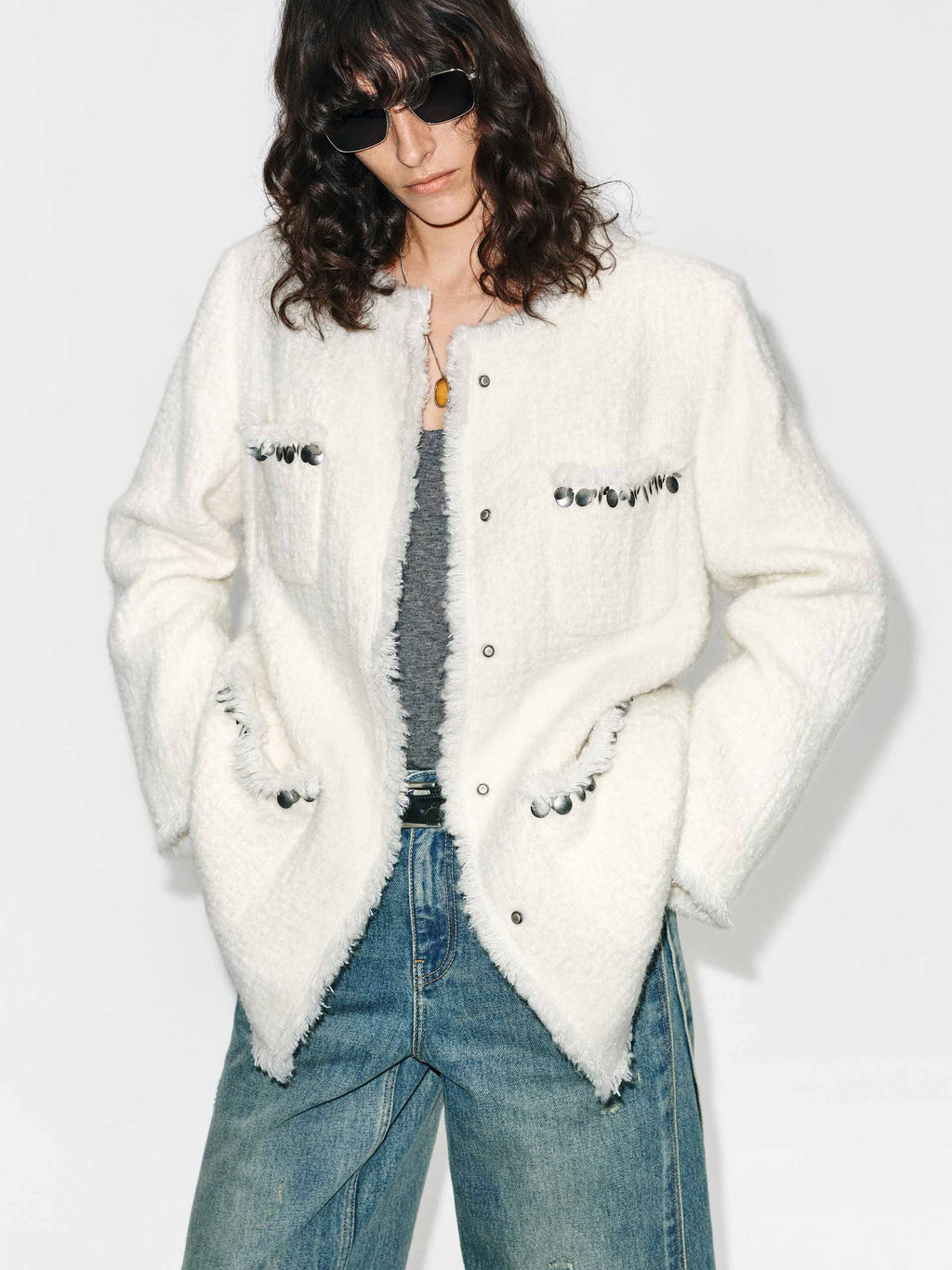 Collarless Tweed Coat
