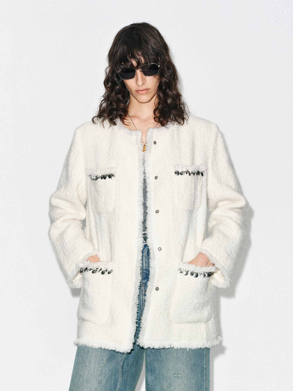 Collarless Tweed Coat