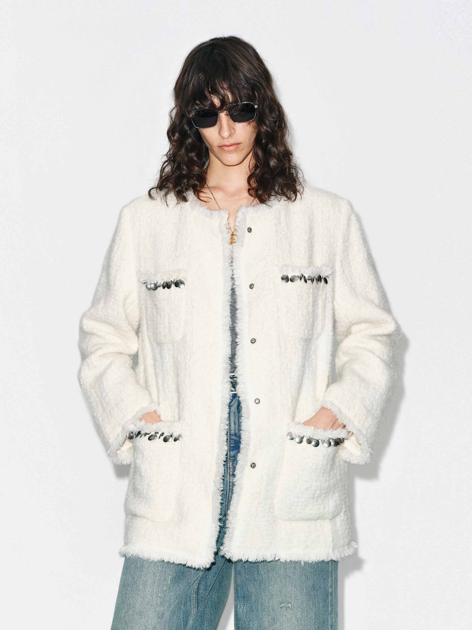 Collarless Tweed Coat