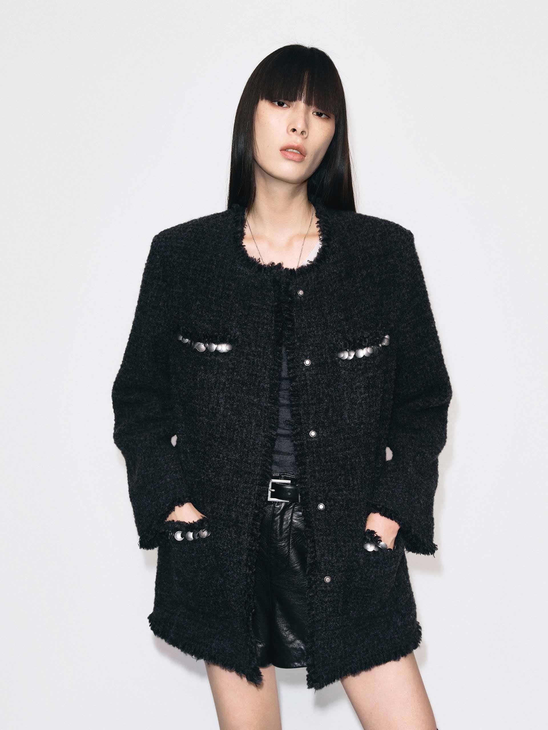 Collarless Tweed Coat