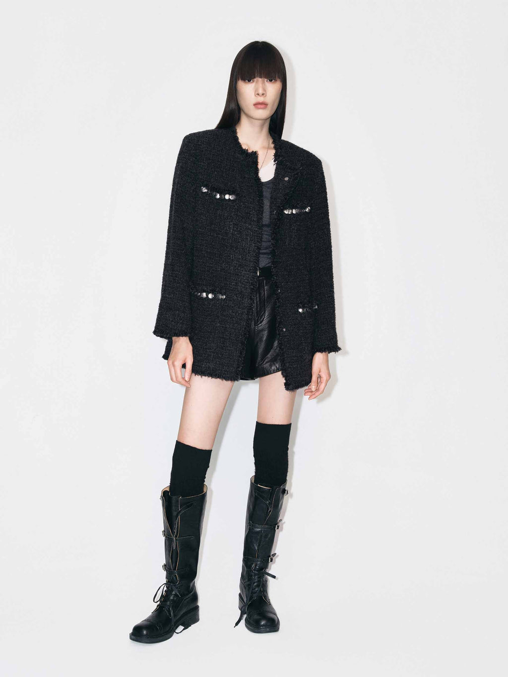 Collarless Tweed Coat
