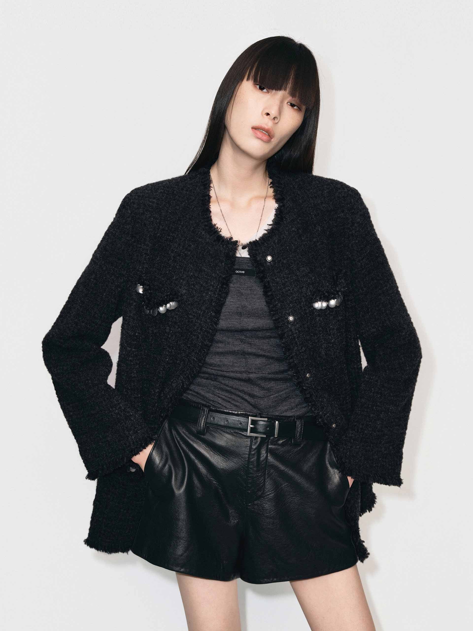 Collarless Tweed Coat