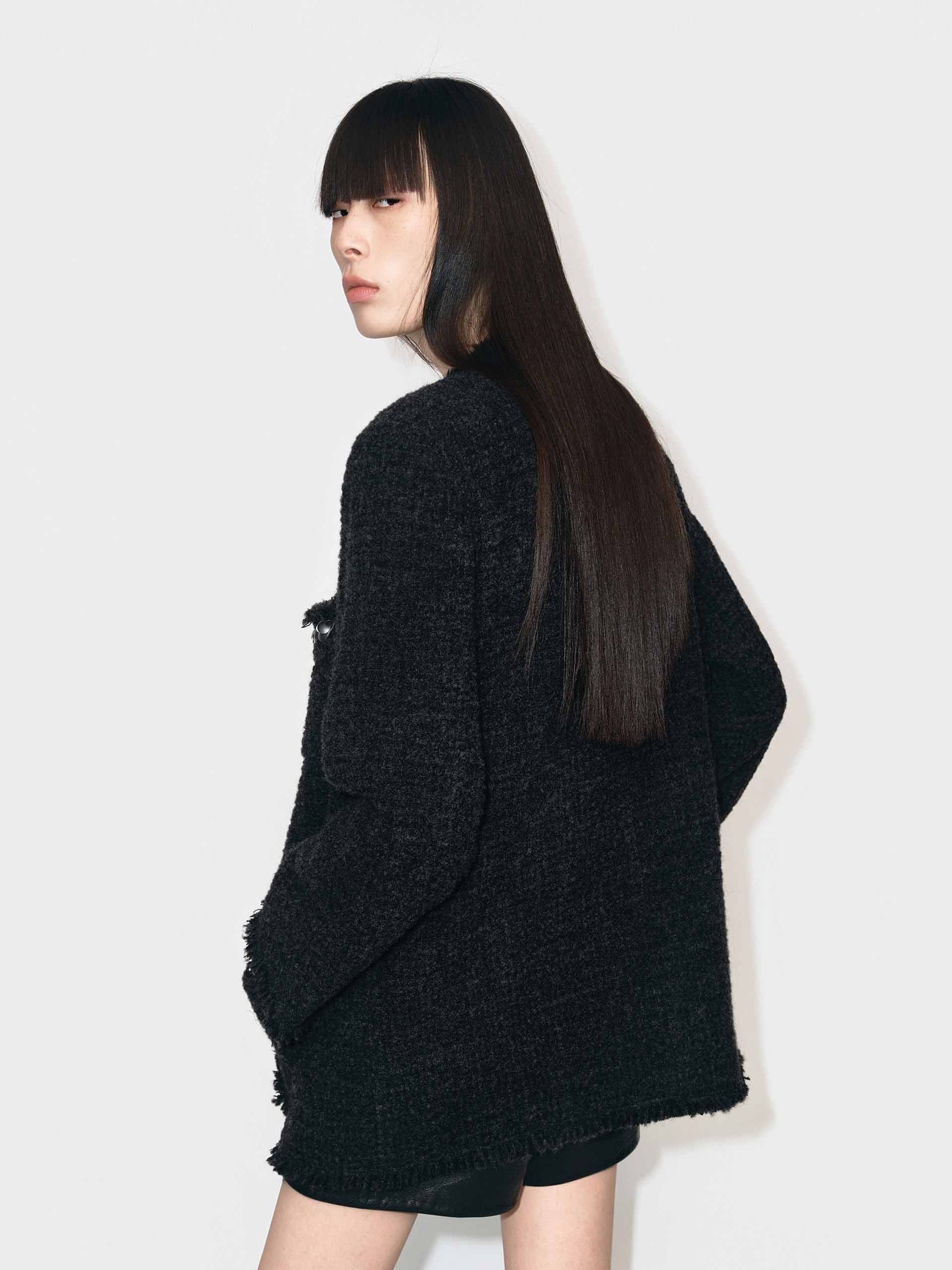 Collarless Tweed Coat
