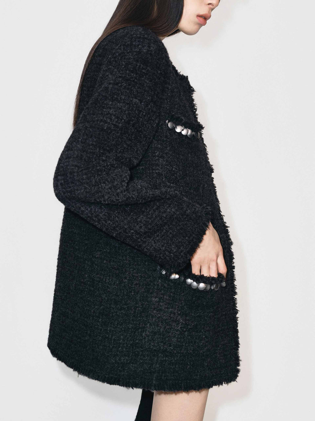 Collarless Tweed Coat